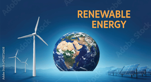 Sustainable power generation from solar panels and wind turbines on a global scale, representing the future of energy