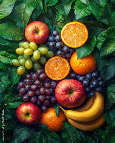 Fresh fruits arranged beautifully on green leaves create vibrant and colorful display. assortment includes apples, oranges, grapes, and bananas, evoking sense of abundance and health