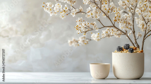 Beautiful arrangement of delicate white flowers in textured pot, accompanied by small, simple cup. soft background enhances serene atmosphere, creating peaceful and elegant display