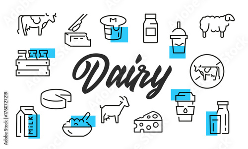 Dairy poster. Dairy poster design with Milk Icons. Cow, Cheese, Goat, Butter, Yogurt, Bottle, Carton, Cream icons. Simple poster for covers or labels. Banner template. Vector illustration.