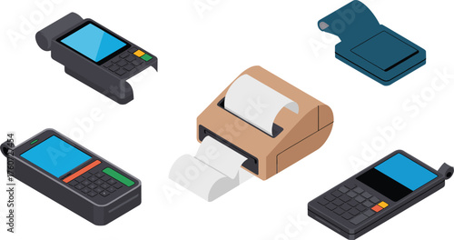 Isometric illustration of POS terminal devices and receipt printers, modern payment systems for retail business and digital transaction concept