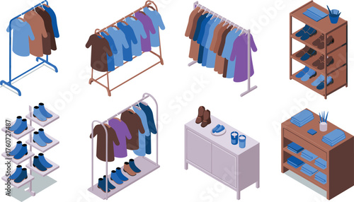 Isometric illustration of retail clothing store interior with racks of shirts, shoes, folded apparel and modern fashion display furniture