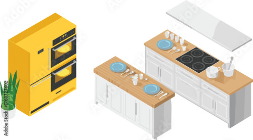 Isometric modern kitchen interior with yellow refrigerator, stove, utensils, dining counter, cooking appliances and stylish home decor illustration design