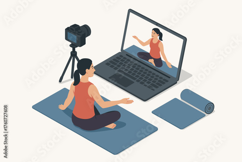 Asian female adult teaching online yoga class via laptop with camera setup