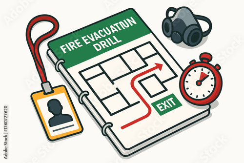 Fire evacuation drill guide with map, exit plan, and safety equipment