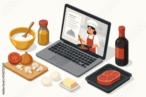 Virtual cooking class: female chef guides through online recipe preparation