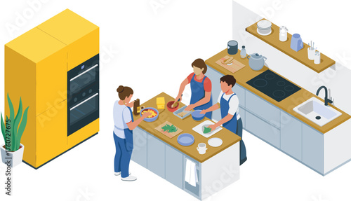 Isometric modern kitchen interior with yellow refrigerator, stove, utensils, dining counter, cooking appliances and stylish home decor illustration design