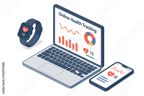 Online health tracking displayed on laptop, smartphone, and smartwatch screens with graphs and heart rate