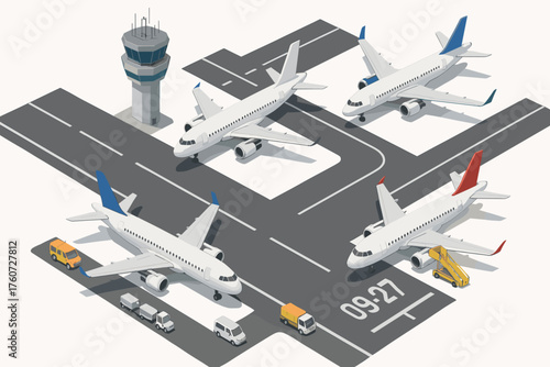 Isometric airport layout with four airplanes and control tower