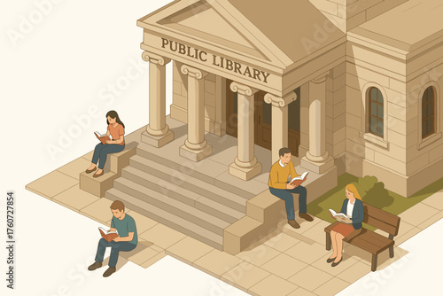 Asian and caucasian adults reading outside public library entrance