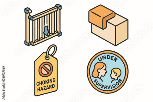 Safety icons: baby gate, choking hazard, warning tag, supervision badge