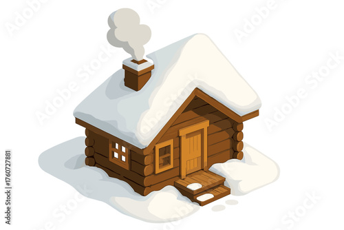 Cozy wooden cabin with snowy roof and smoky chimney in winter wonderland