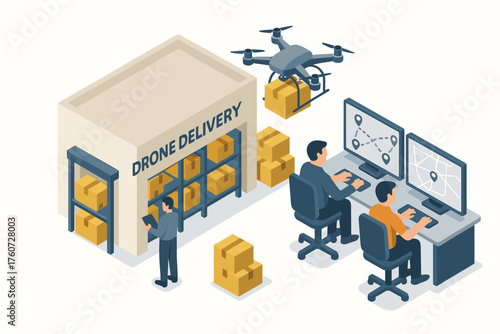 Drone delivery hub with operators and large drone in logistics office