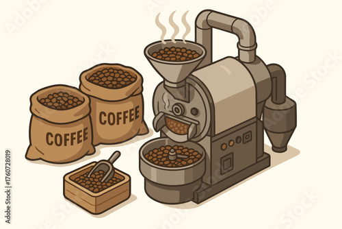 Coffee roaster machine with bags of coffee beans and box