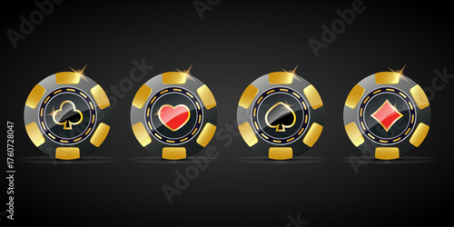 Realistic gold chips for poker and casino. Individual poker chips in the casino. Poker symbols in the form of spades, hearts, diamonds, clubs. The concept of gambling game chips. Vector illustration.