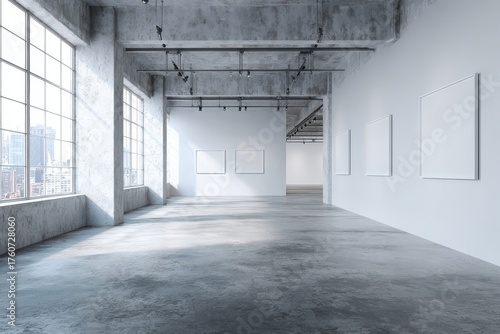 Modern Art Gallery With Empty Frames and Large Windows Overlooking City Skyline