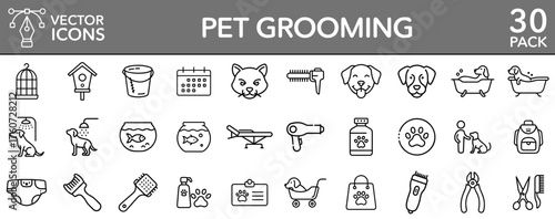 Pet grooming care tools animals vector line icons set