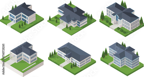 Modern isometric 3D architecture illustration of contemporary office and institutional buildings, creative design concept for urban planning and real estate visualization
