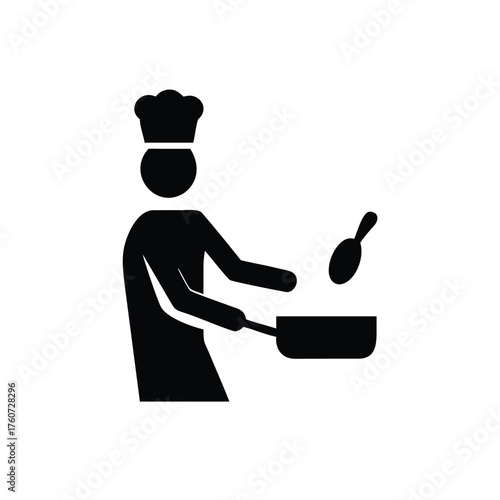 Chef cooking with pan preparing delicious meal in animated fun kitchen style Vector illustration
