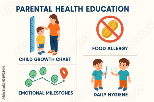 Parental health education chart for child growth, daily hygiene, emotional milestones, food allergy
