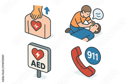Cpr and aed emergency response icons with 911 call symbol