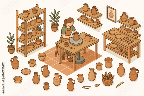 Female potter crafting ceramics in studio with various pots and tools