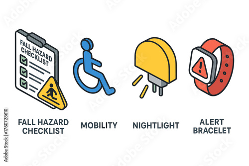 Home safety icons: fall hazard checklist, mobility aid, nightlight, alert bracelet