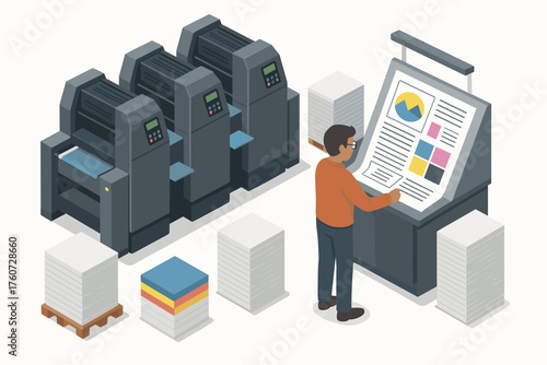 Young adult hispanic male operating printer press with paper stacks in print shop