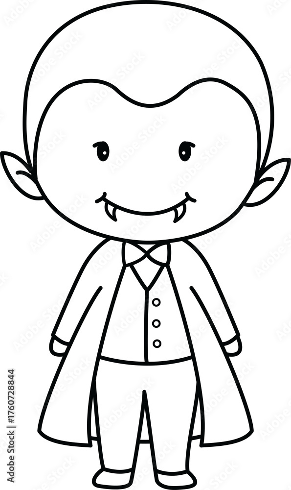 Obraz premium Cute halloween outline clipart of little vampire with fangs wearing cape and bow tie smiling happily in simple style