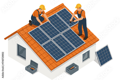 Male workers installing solar panels on rooftop