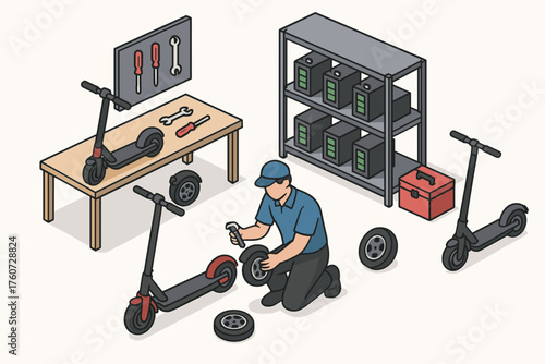 Male technician repairing electric scooter in workshop with tools and spare parts