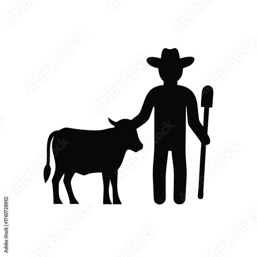 Farmer standing with cow in a calm rural countryside scene Vector illustration