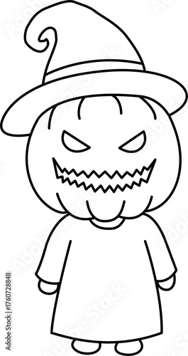 Cute halloween outline clipart of scary pumpkin head character wearing witch hat and robe with jagged mouth and angry eyes