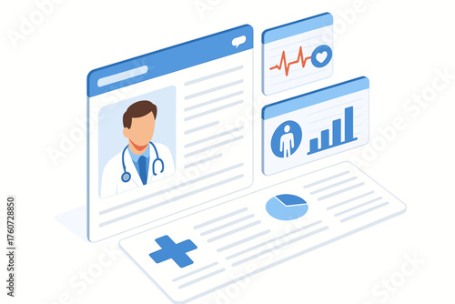 Digital medical records interface with doctor avatar and health data charts