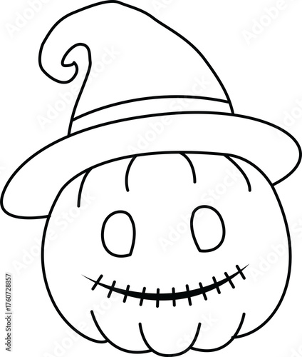 Cute halloween pumpkin outline clipart with smiling face wearing witch hat perfect for festive decoration and fun seasonal design
