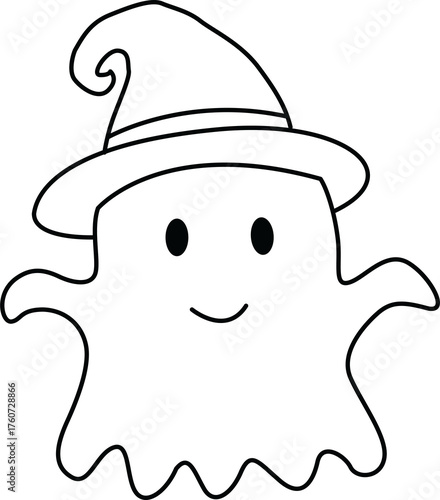 Cute halloween ghost outline clipart with smiling face wearing witch hat perfect for festive spooky designs and fun holiday decorations