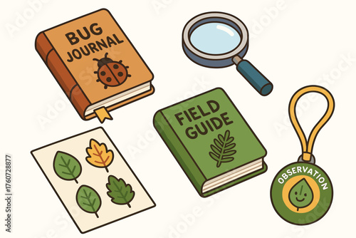 Nature exploration tools: bug journal, field guide, magnifying glass, leaf collection, observation badge