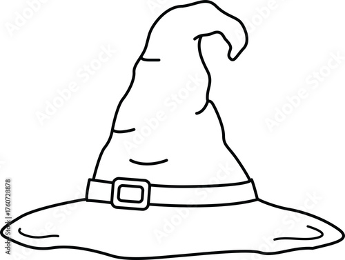 Cute halloween outline clipart of witch hat with buckle and curved tip perfect for spooky designs