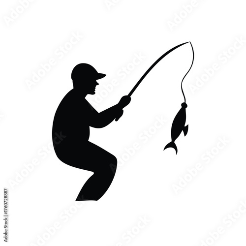 Fisherman casting fishing rod patiently by the calm water Vector illustration