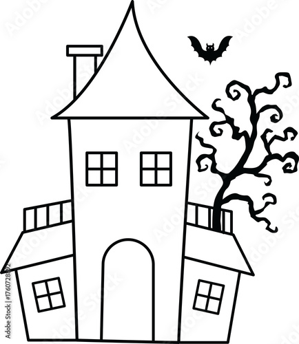 Cute halloween haunted house outline clipart with spooky tree and flying bat for festive decoration and fun holiday design