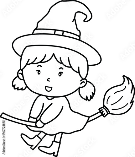 Cute halloween outline clipart of little girl witch flying on broomstick with happy expression in simple black and white style