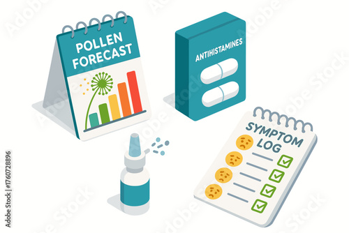 Allergy relief tools: pollen forecast, antihistamines, symptom log, nasal spray for effective management