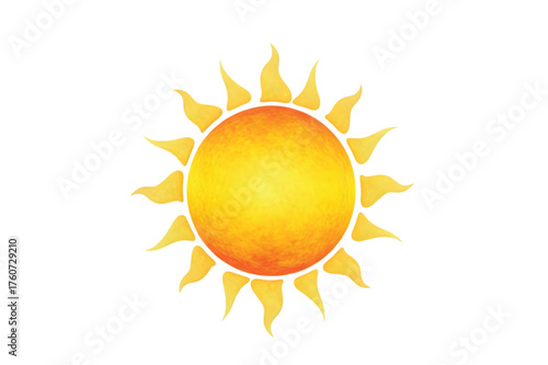 Vibrant yellow sun with fiery rays on a white background