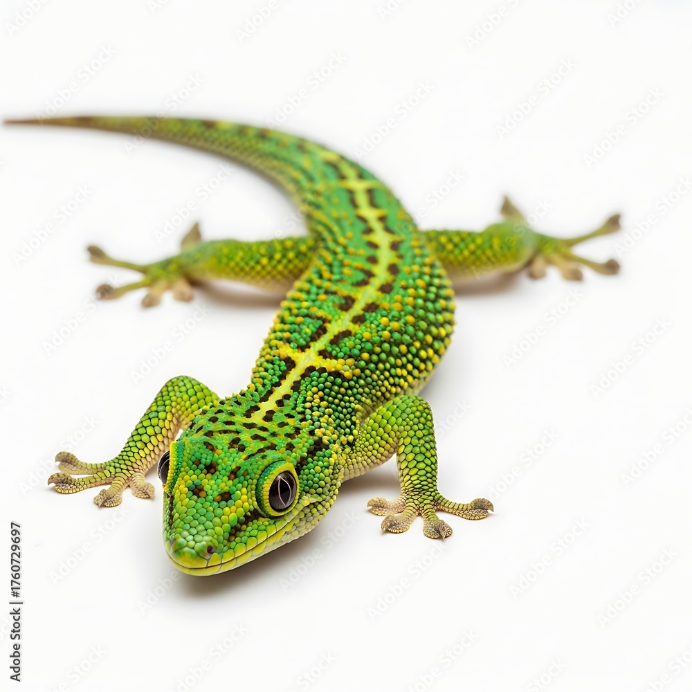 Naklejka premium A vibrant green gecko with black spots and yellow markings is captured in a studio shot against a clean white background.