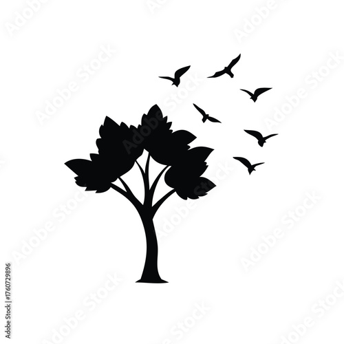 Tree with flying birds in natural serene landscape Vector illustration