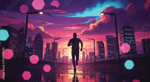 Urban Sunset Run Silhouette of a Runner Against Cityscape at Dusk