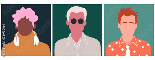 Abstract men portraits set. Faceless male characters. Person poster, head avatar, hand drawn vector illustration.