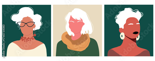 Abstract women portraits set. Faceless female characters. Person poster, head avatar, hand drawn vector illustration.