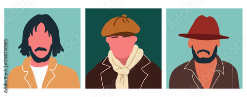 Abstract men portraits set. Faceless male characters. Person poster, head avatar, hand drawn vector illustration.