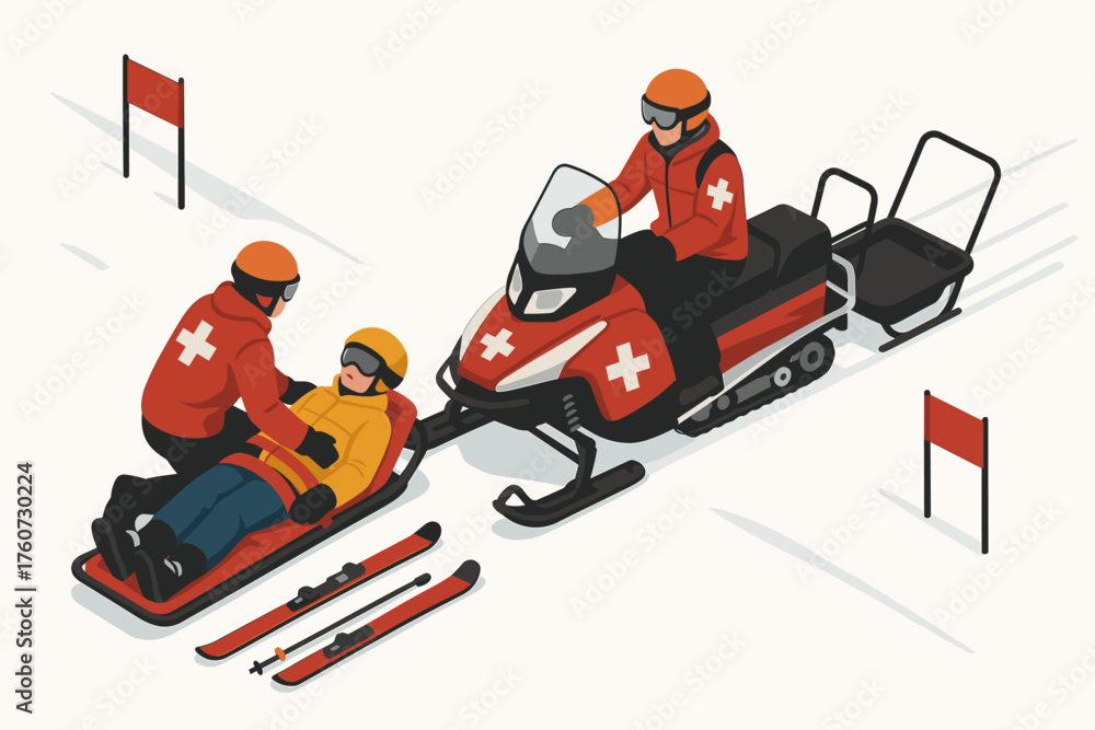 Naklejka premium Ski patrol rescue: caucasian adults assisting injured skier in winter gear with snowmobile